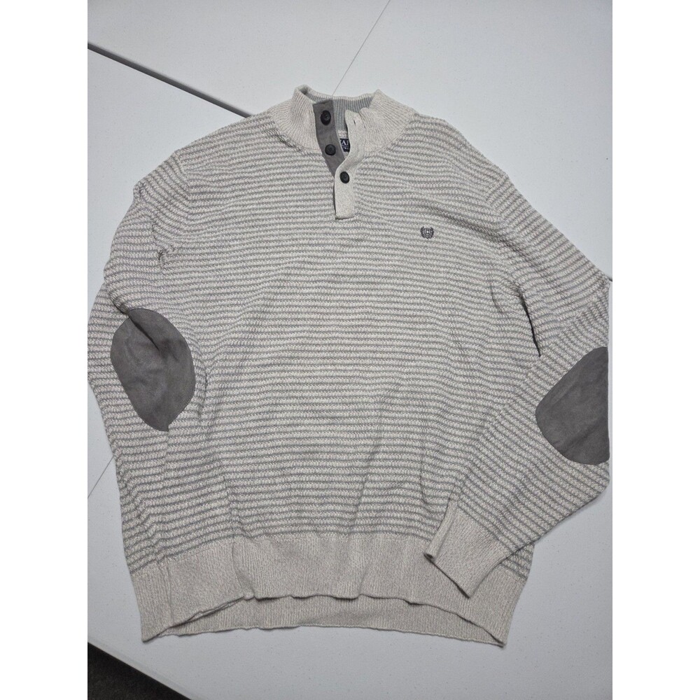 Chaps Sweater Mens XXL Grey White Striped Button Mock Neck Elbow Patch Pullover